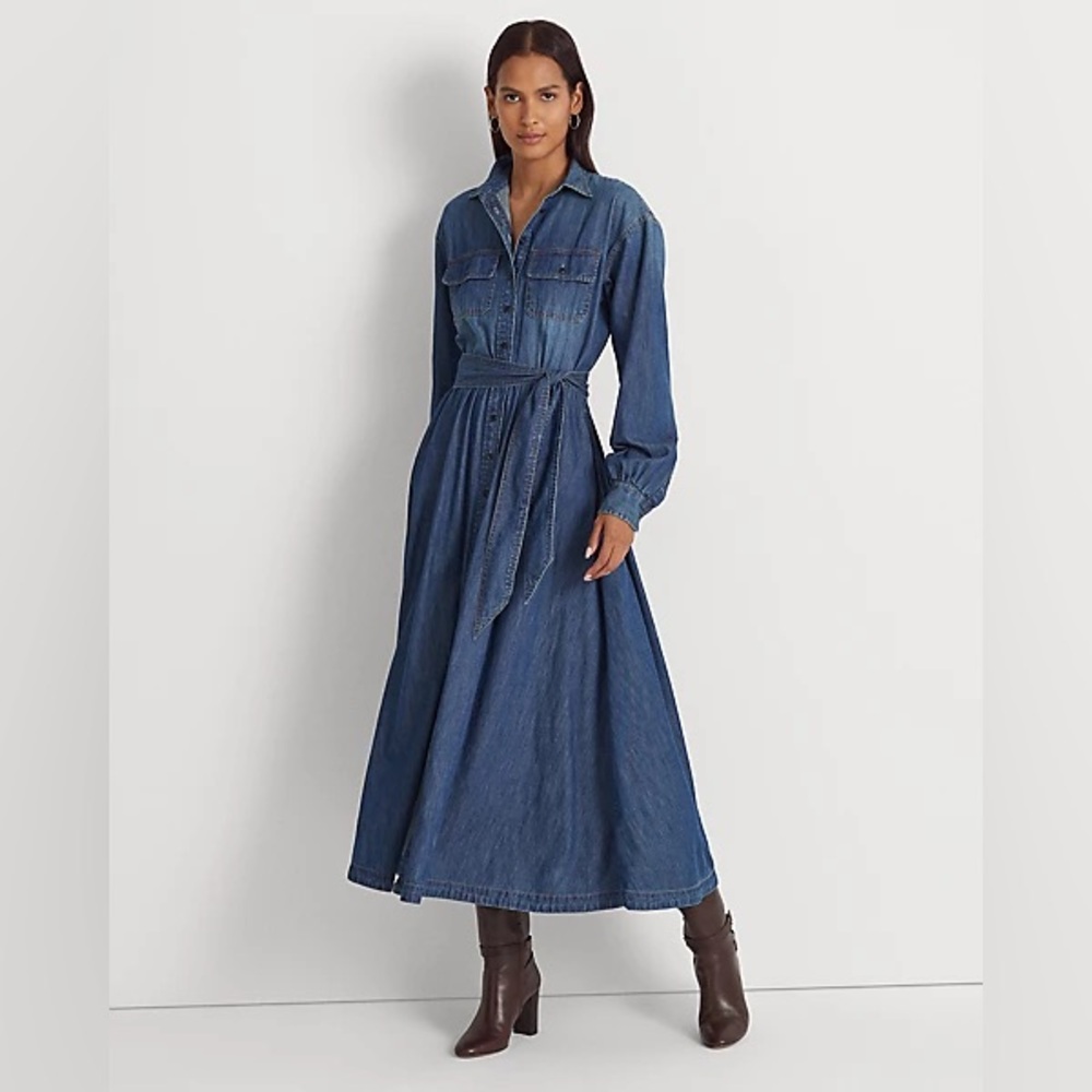 Denim Shirt Maxi Dress with Waist Tie - Blue